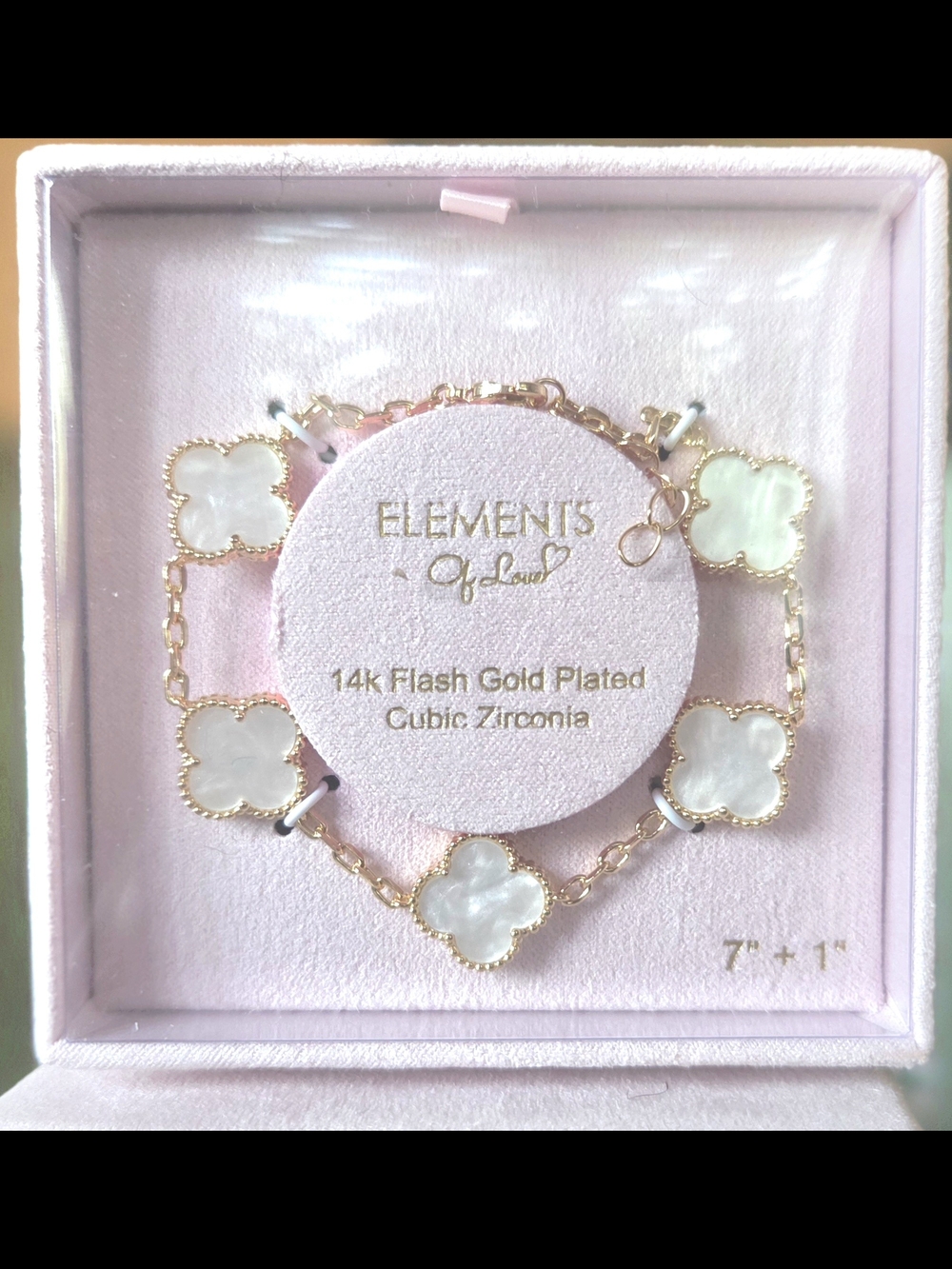 Elements of Love Women’s Bracelet White Clover 14k Flash Gold Plated 7”+1”